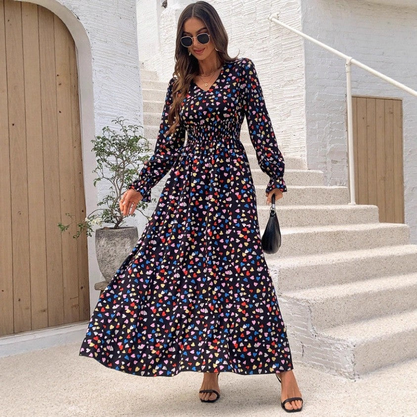 Floral-print V-neck Long-sleeve Swing Maxi Dress