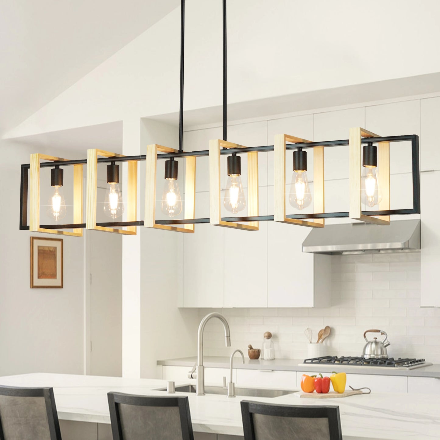 Farmhouse Kitchen Island Pendant Light – Dimmable Wood Shade Chandelier for Dining Room