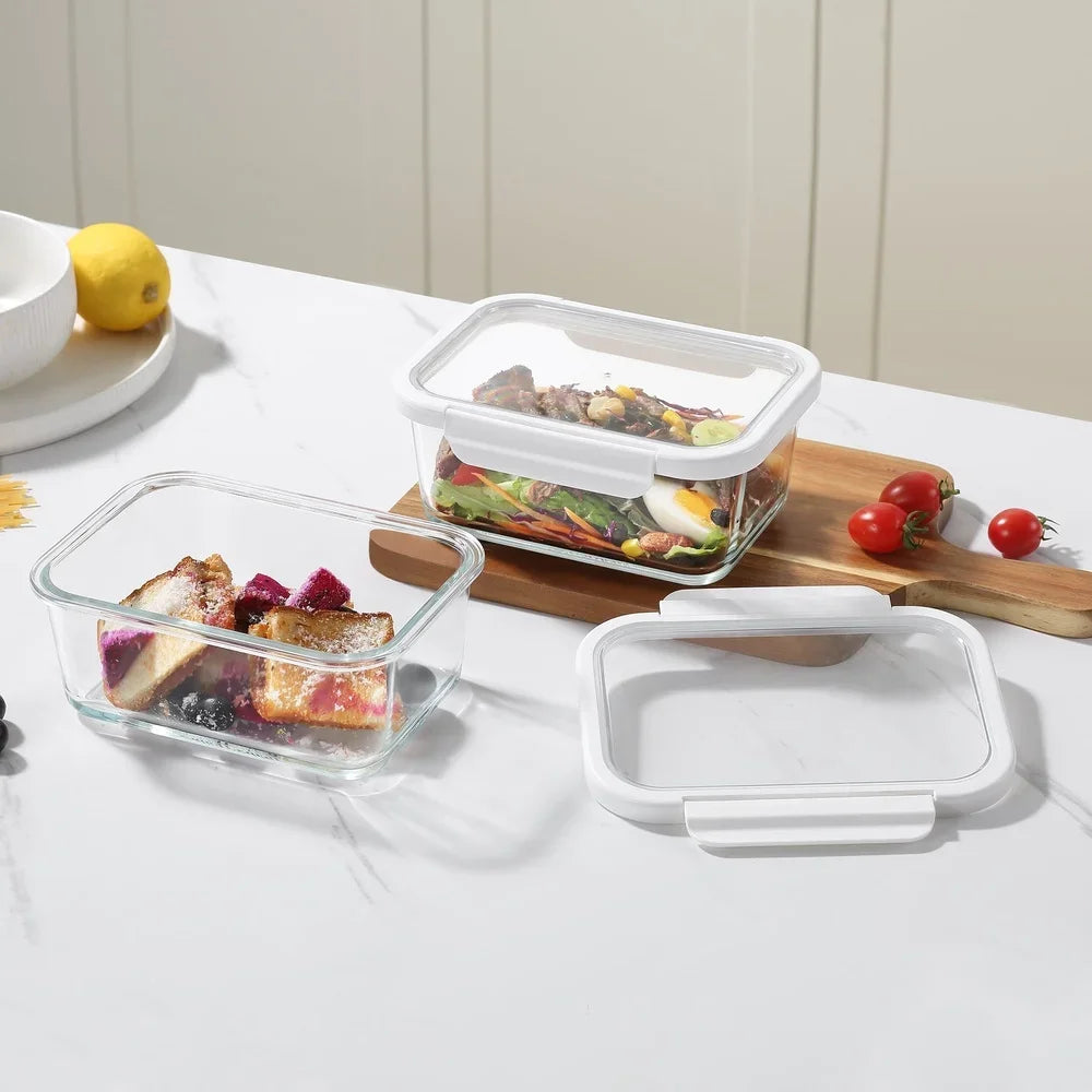 4PC Rectangle Glass Containers Airtight Lid Microwave Freezer Dishwasher Safe Food Storage