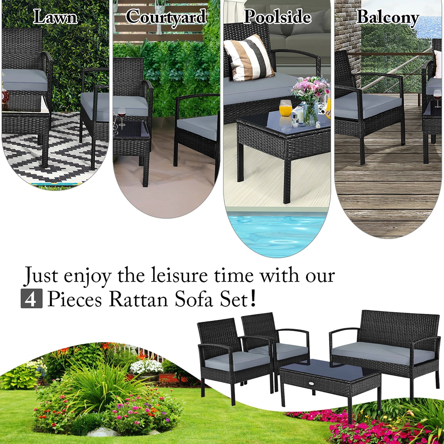 4-Piece Black Rattan Patio Set