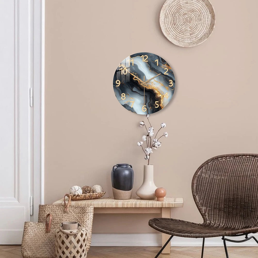 Blue Gold Marble Wooden Wall Clock