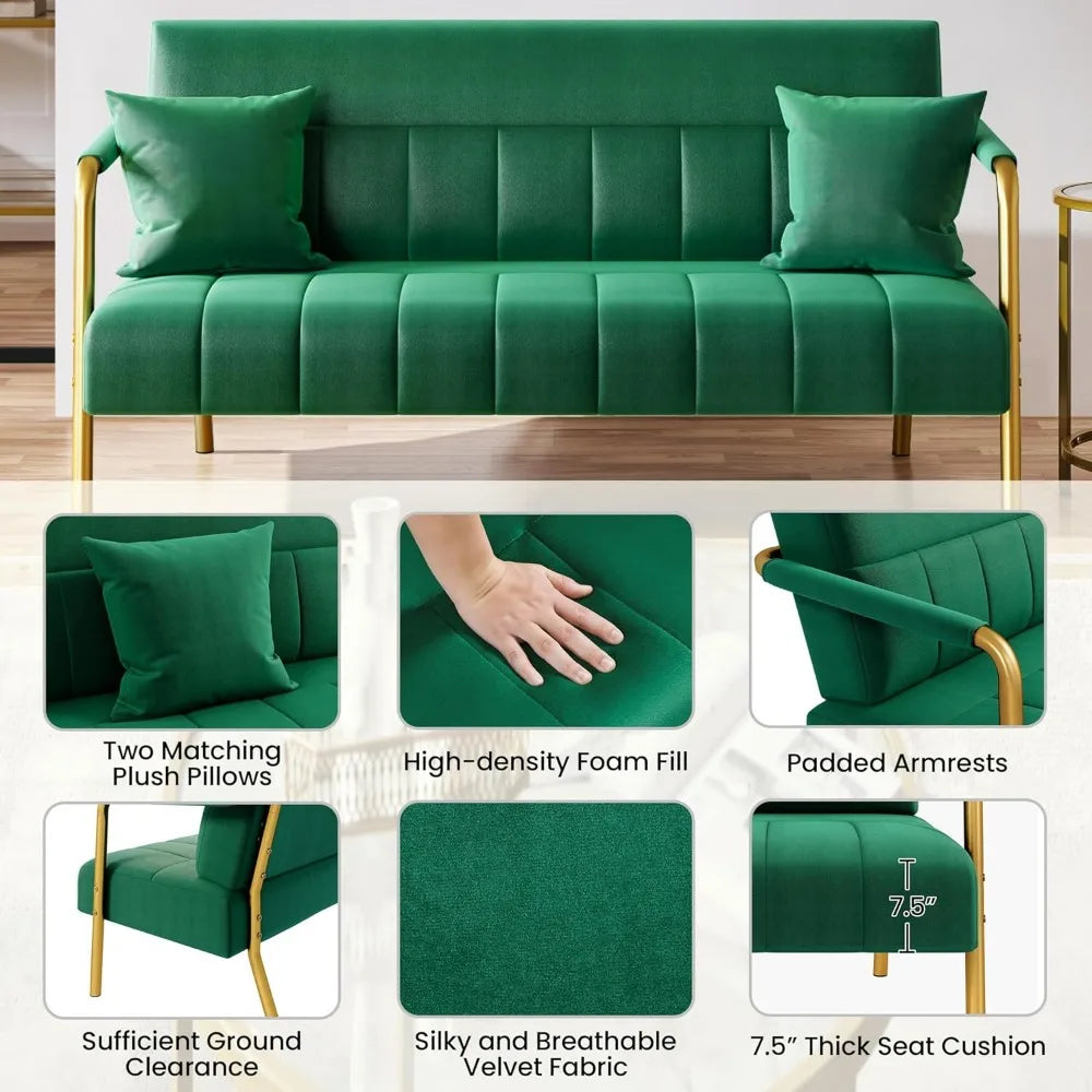 Modern Velvet Sofa with Gold Metal Arms 56.5