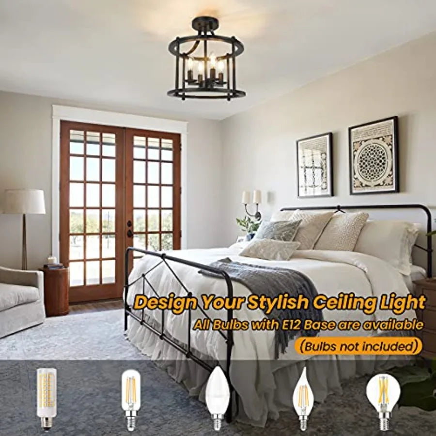 Farmhouse Semi Flush Mount Ceiling Light – 4-Light Industrial E12 Rustic Vintage Chandelier