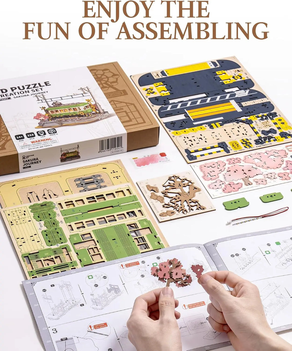 Robotime Sakura Journey Tram 3D Wooden Puzzle Model Kit with LED Lights, 223 Pieces
