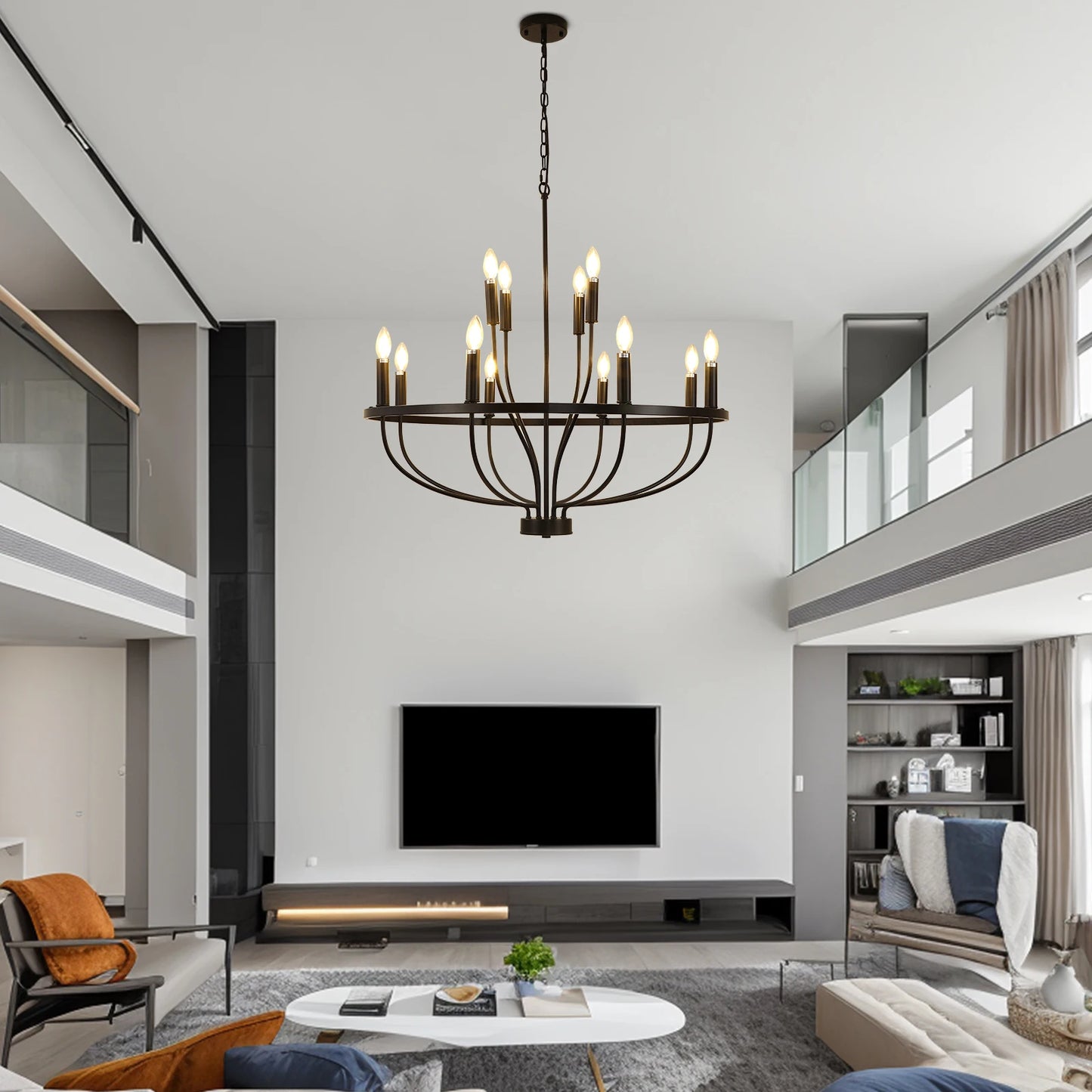 12-Light Black Farmhouse Chandelier – Industrial Round Pendant Light