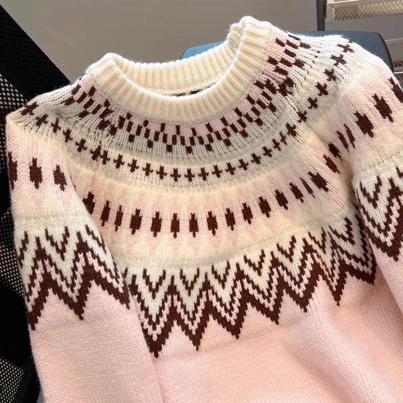 Womens Fair Isle Pullover Loose-Fit Extra-Soft Sweater