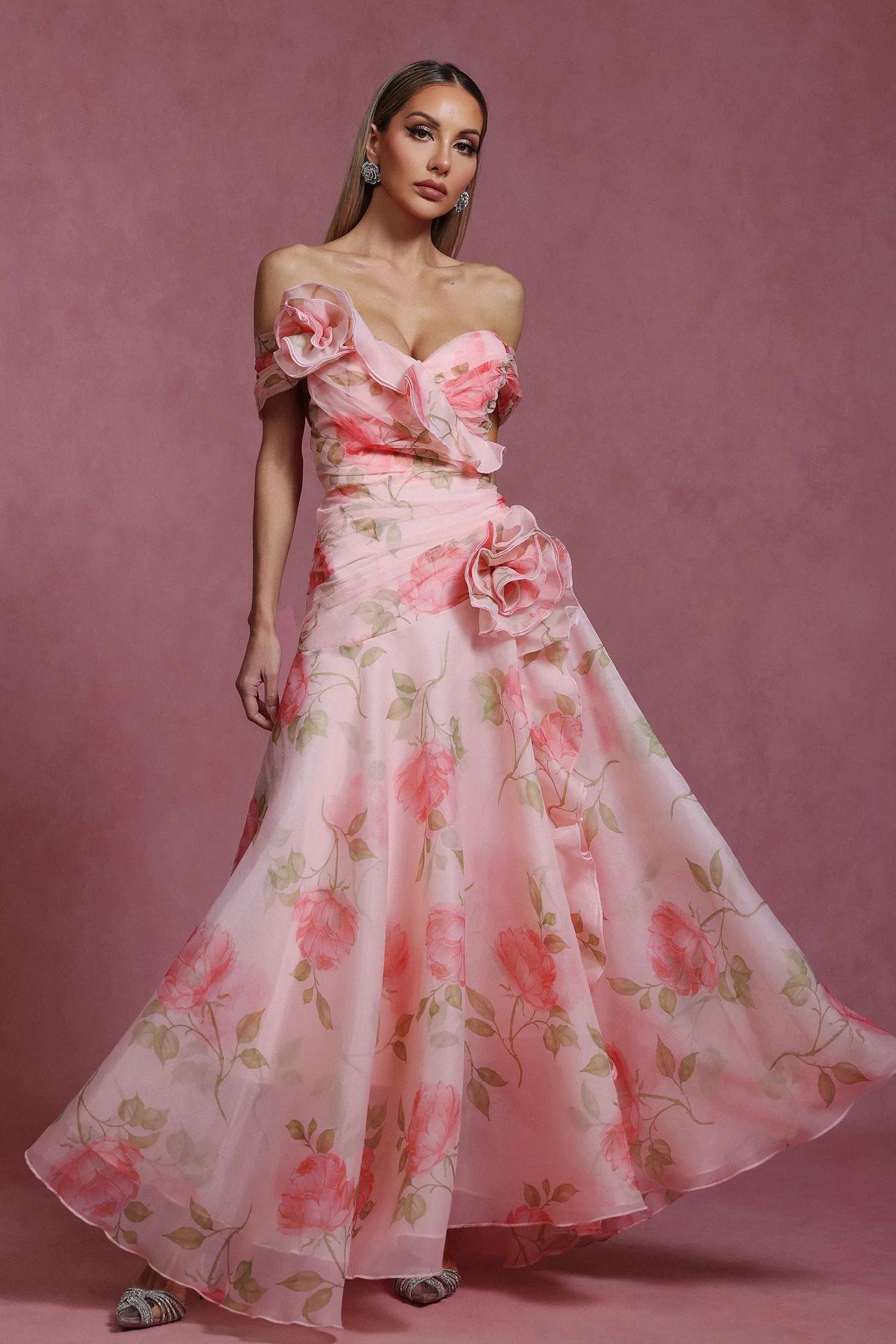 Floral Waist-Cinching Off-Shoulder Dress