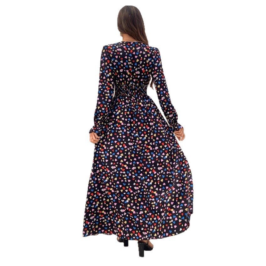 Floral-print V-neck Long-sleeve Swing Maxi Dress