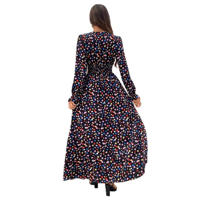 Floral-print V-neck Long-sleeve Swing Maxi Dress