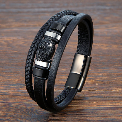 Retro Lion Head Leather Bracelet Stainless Steel Unisex Jewelry