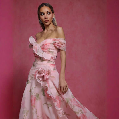 Floral Waist-Cinching Off-Shoulder Dress