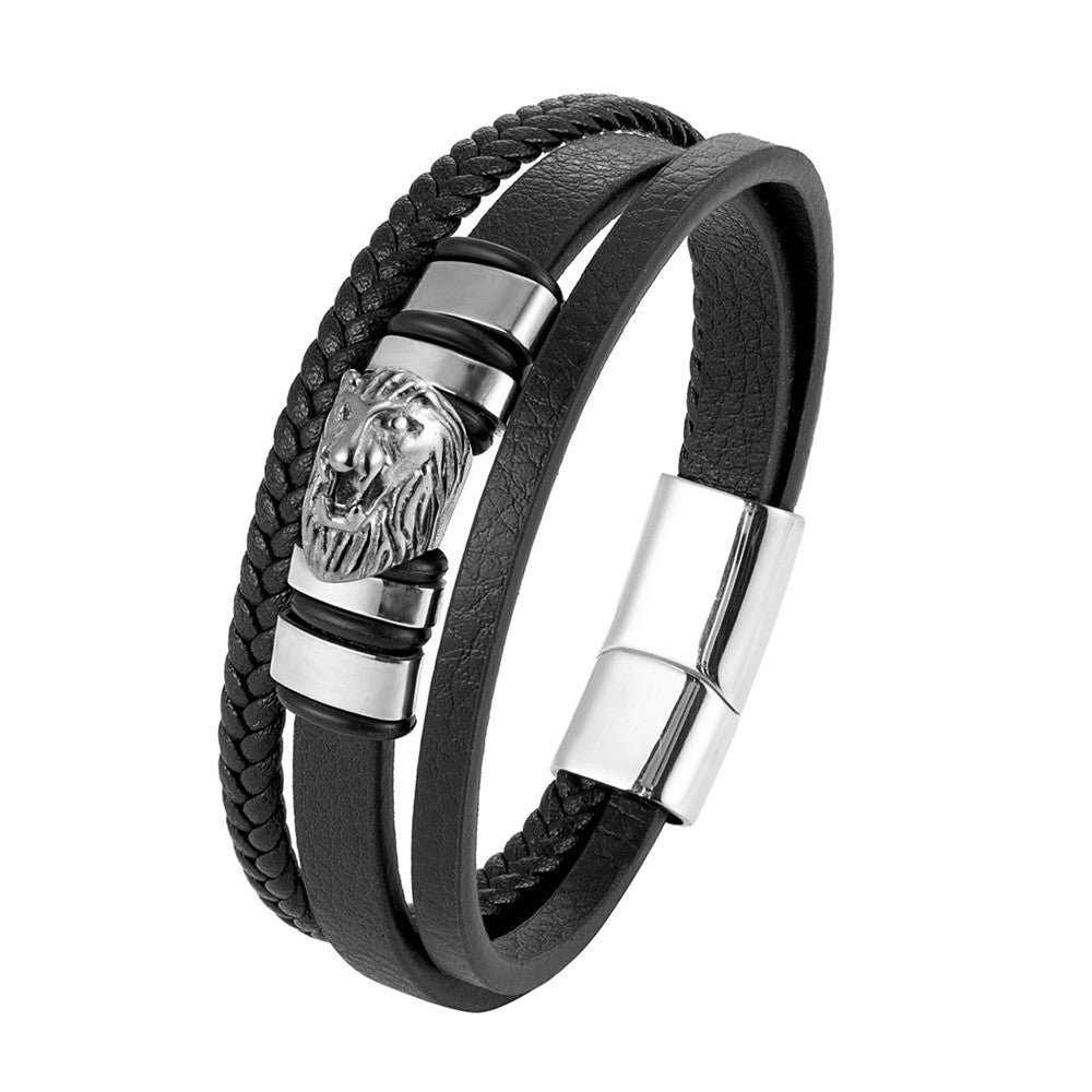 Retro Lion Head Leather Bracelet Stainless Steel Unisex Jewelry