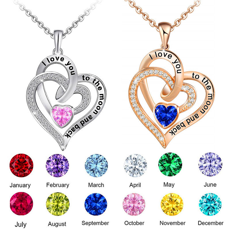 Necklace Double Heart Diamond Birthstone