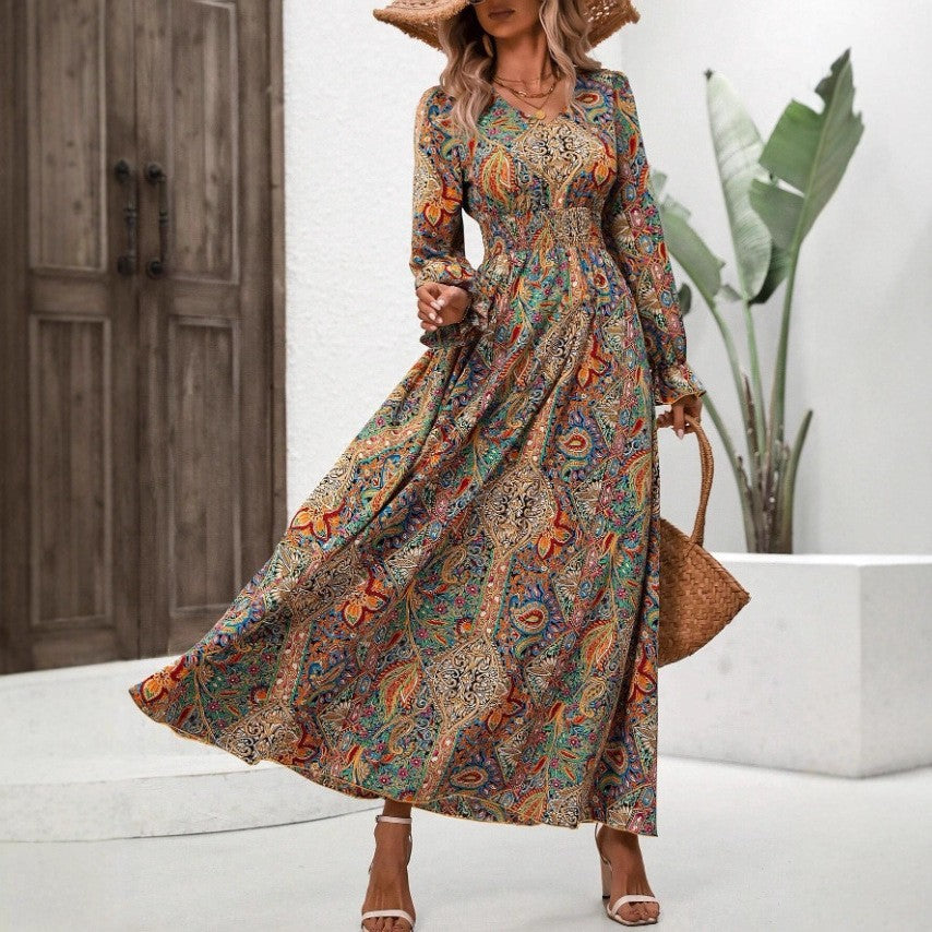 Floral-print V-neck Long-sleeve Swing Maxi Dress