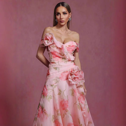 Floral Waist-Cinching Off-Shoulder Dress