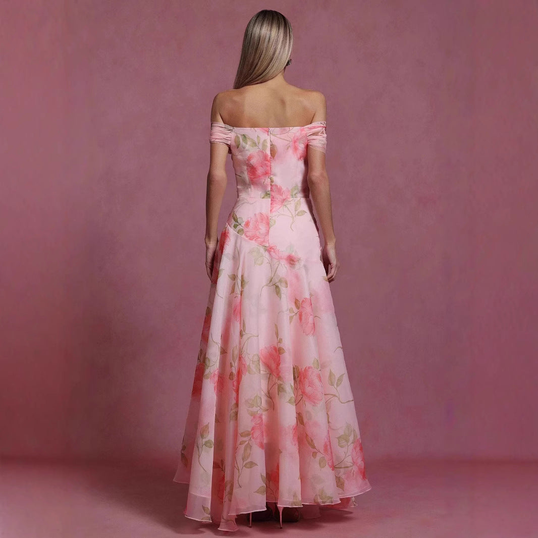 Floral Waist-Cinching Off-Shoulder Dress