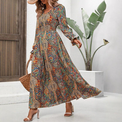 Floral-print V-neck Long-sleeve Swing Maxi Dress