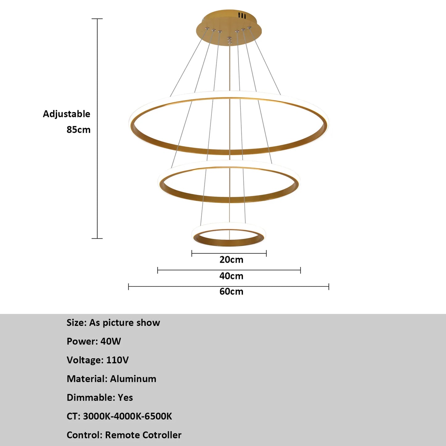 Modern LED Ring Chandelier 3 Ring Dimmable Circular Dining Ceiling Pendant Light for Dinning Room Living Room