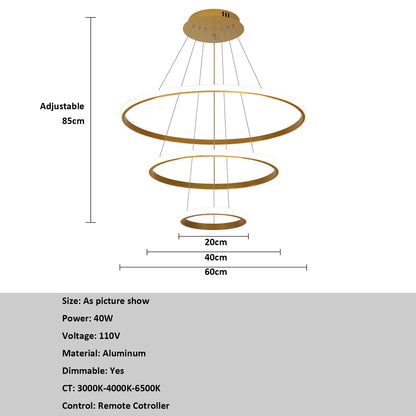 Modern LED Ring Chandelier 3 Ring Dimmable Circular Dining Ceiling Pendant Light for Dinning Room Living Room