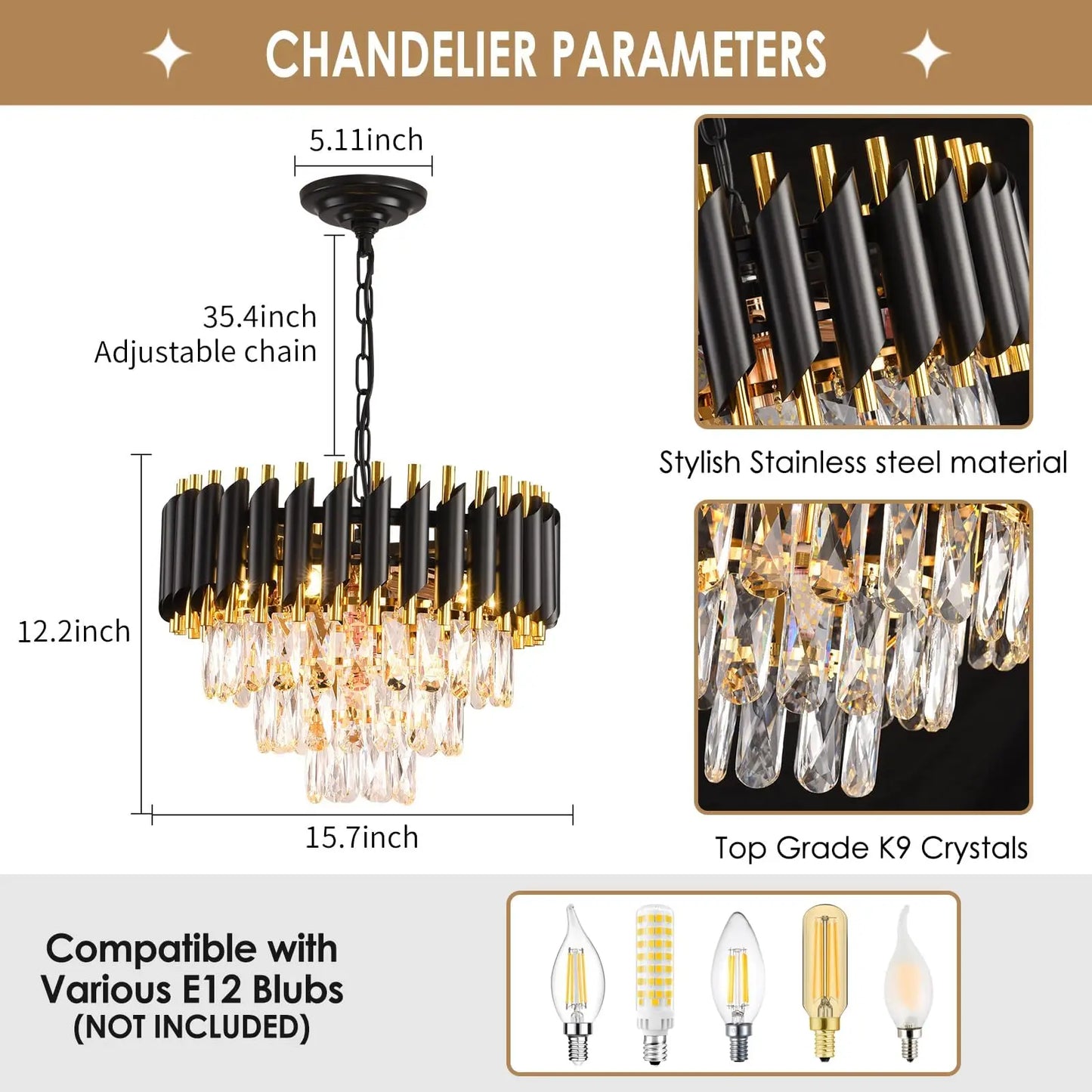 Black Gold Crystal Chandelier – 3 Tier Ceiling Light