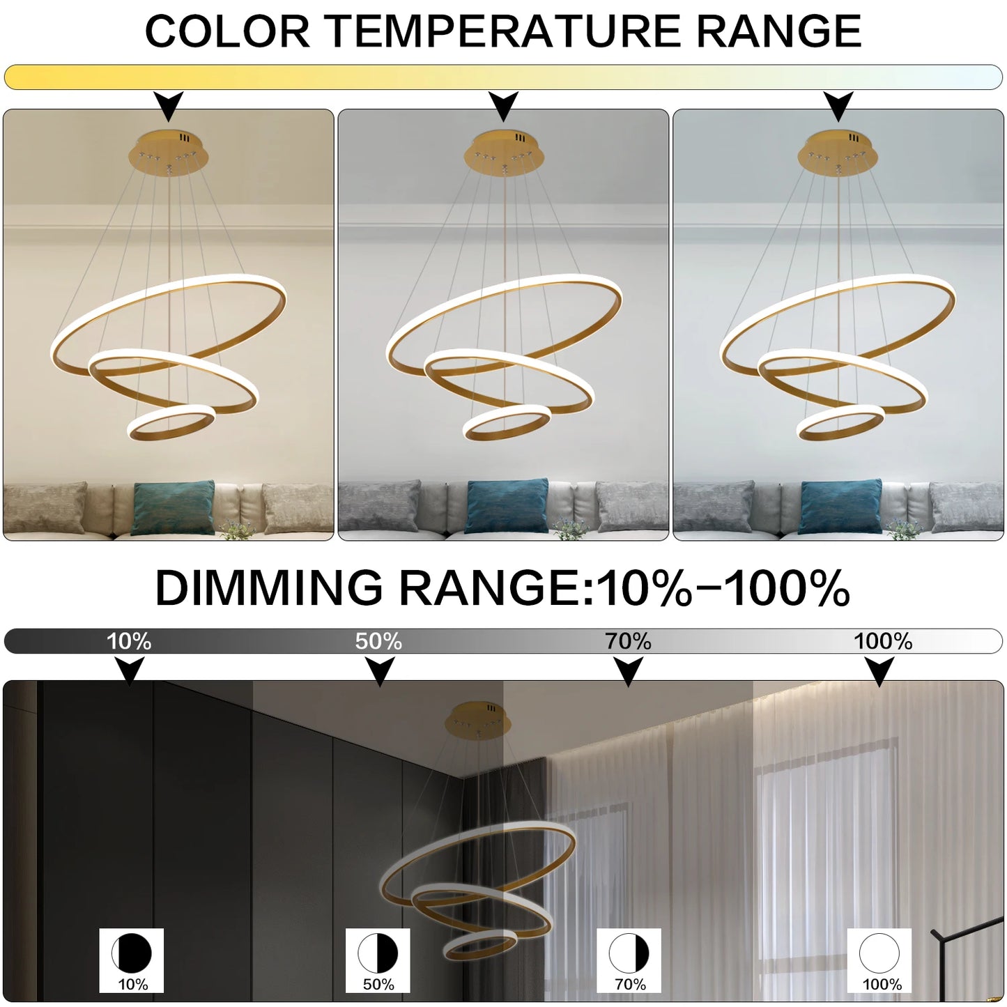 Modern LED Ring Chandelier 3 Ring Dimmable Circular Dining Ceiling Pendant Light for Dinning Room Living Room