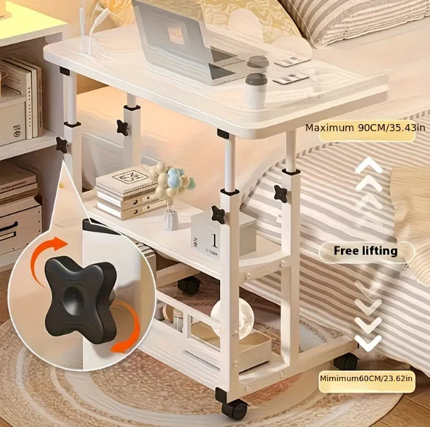 3-Tier Heavy-Duty Metal Folding Table, Height-Adjustable & Extendable Desktop, Mobile Computer Desk with Storage Shelf and Smoot