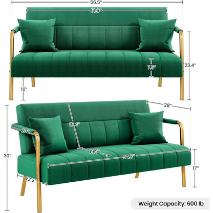 Modern Velvet Sofa with Gold Metal Arms 56.5