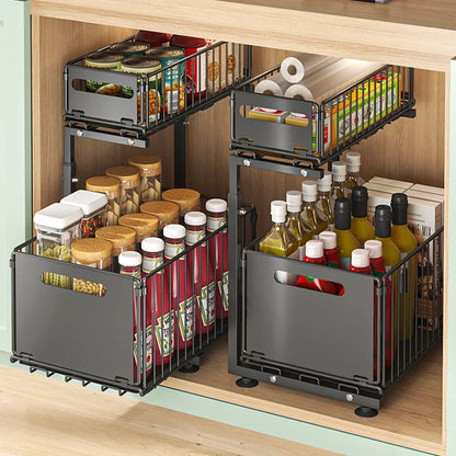 2 Tier Pull Out Under Sink Organizer Sliding Cabinet Storage Rack Space Saving Kitchen and Bathroom Organizer Multi Purpose Storage Shelf Easy Assembly
