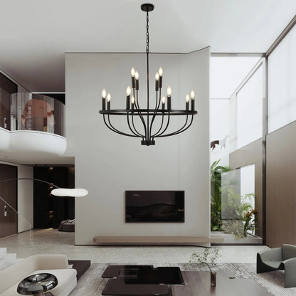 12-Light Black Farmhouse Chandelier – Industrial Round Pendant Light