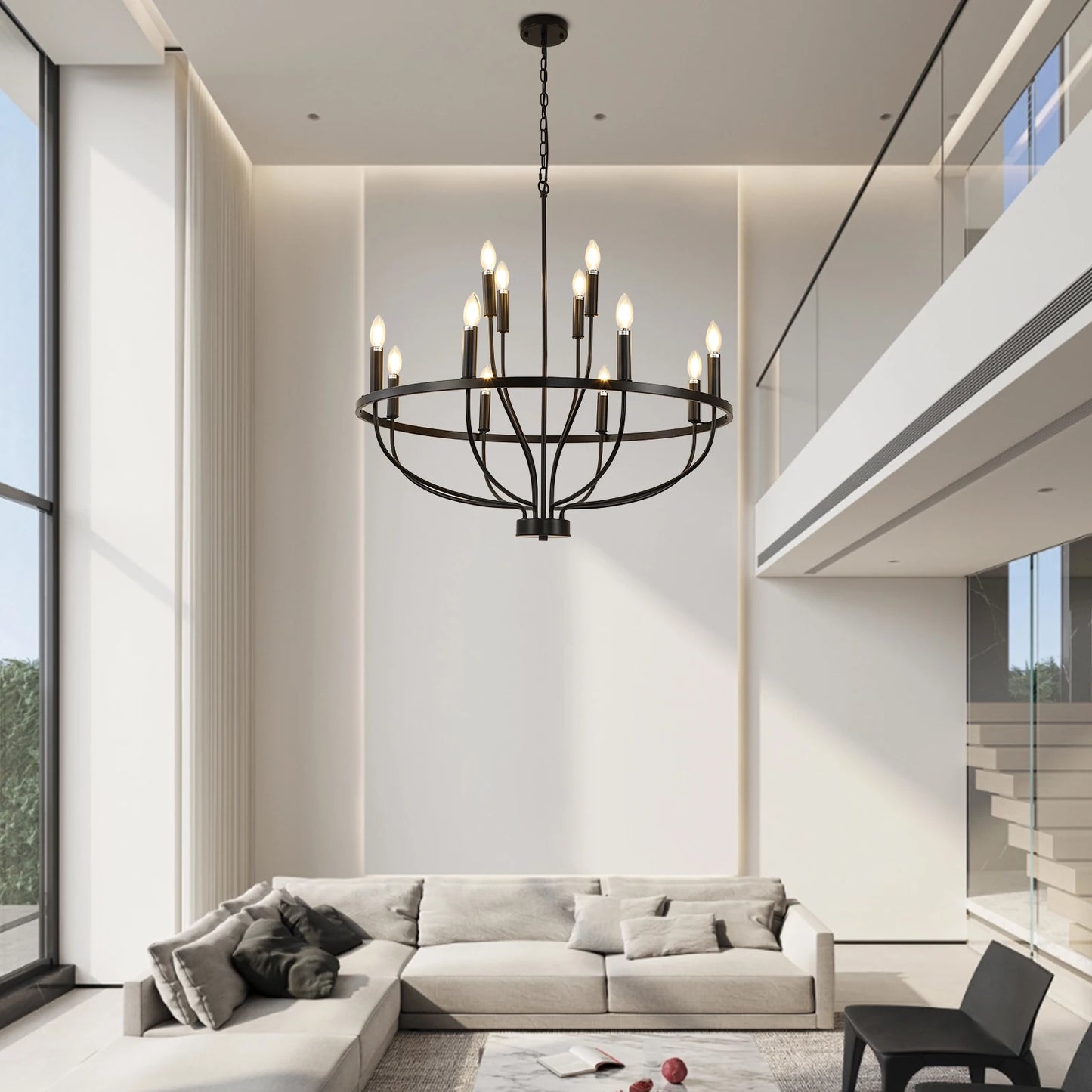 12-Light Black Farmhouse Chandelier – Industrial Round Pendant Light