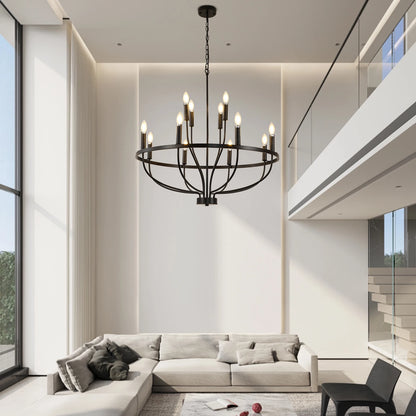 12-Light Black Farmhouse Chandelier – Industrial Round Pendant Light