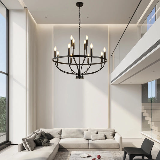 12-Light Black Farmhouse Chandelier – Industrial Round Pendant Light