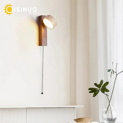 Wabi Sabi Travertine Wall Lamp – Walnut LED Bedroom Light
