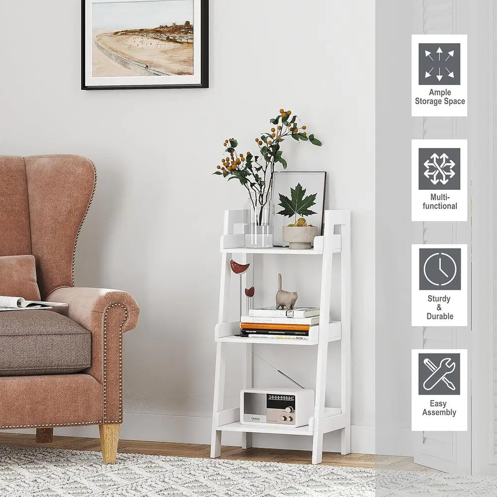 3-Tier Open Wooden Ladder Shelf, Space-Saving White Bathroom Storage