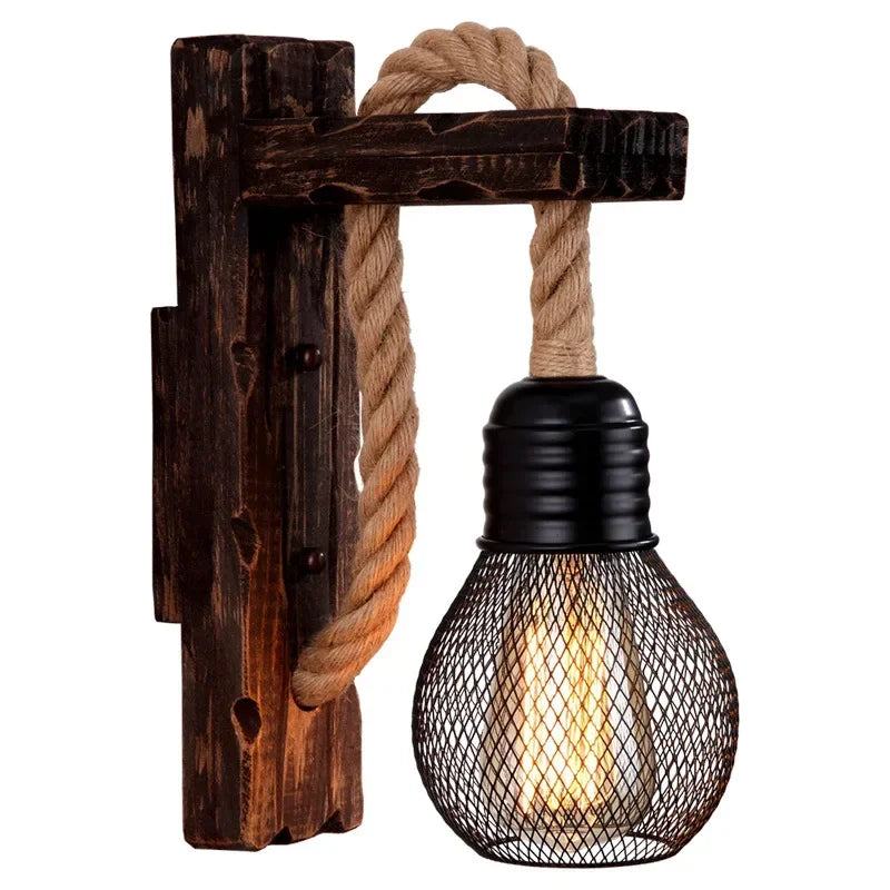 Industrial Rustic Wall Sconce – Black Metal Wood Lamp