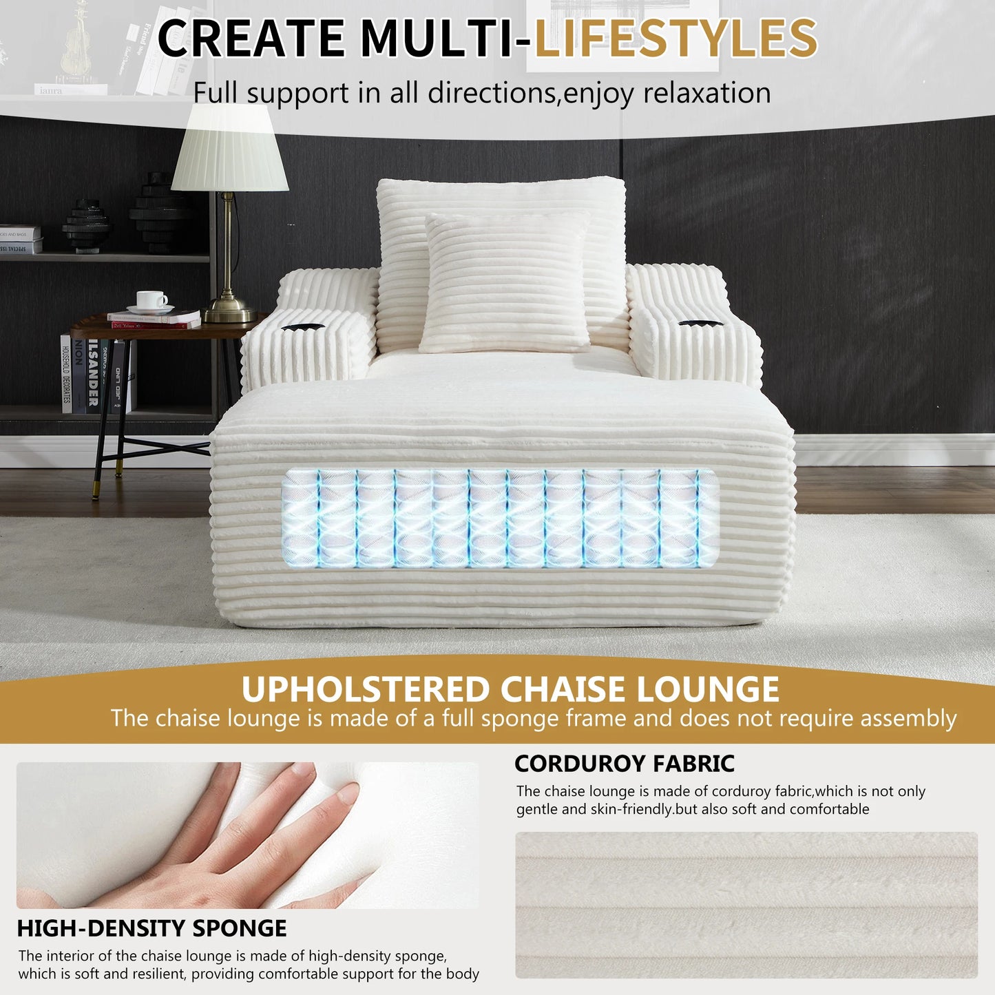 67" Corduroy Indoor Chaise Lounge Chair