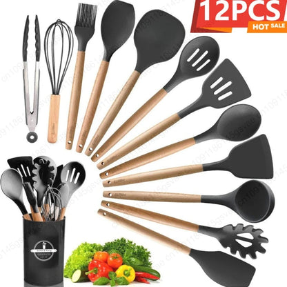Silicone Kitchen Utensils Set Wooden Handle