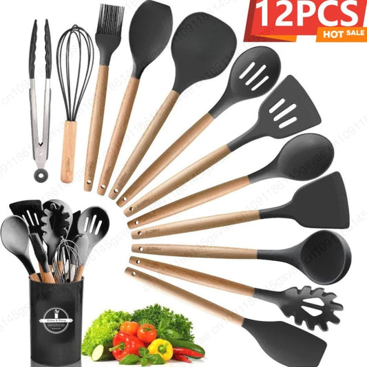 Silicone Kitchen Utensils Set Wooden Handle