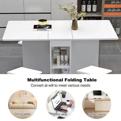 Folding Drop Leaf Dining Table Set for 4 with 4 Chairs, Space Saving Foldable Dining Table with Storage and Wheels, 47.2" D x