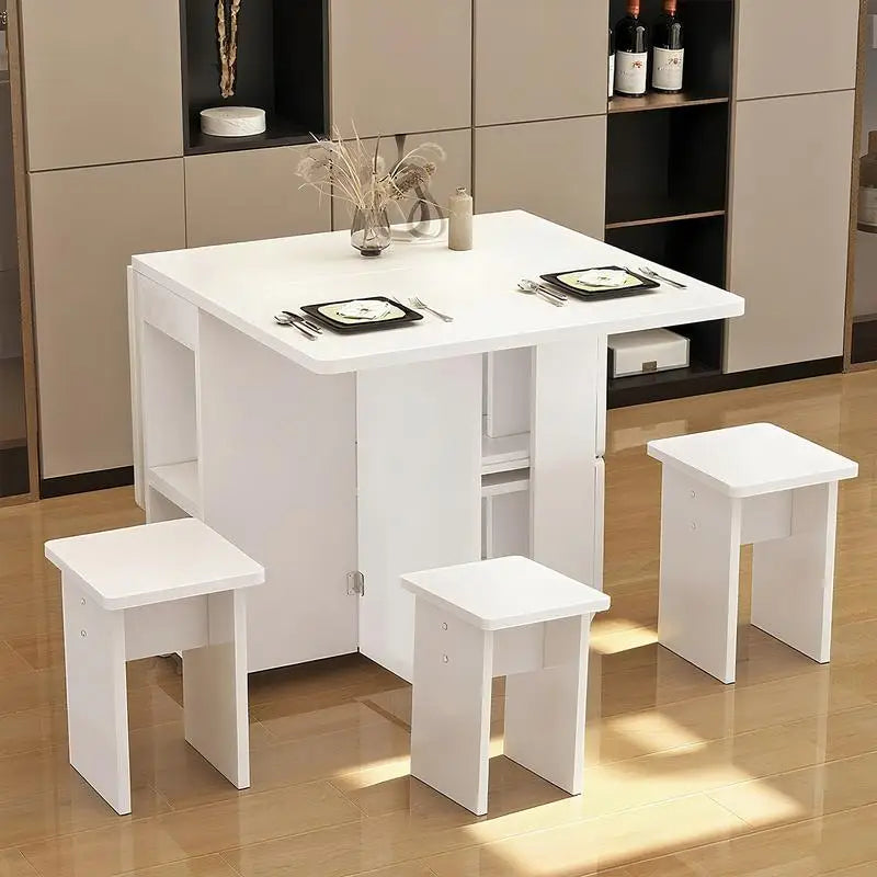 Folding Drop Leaf Dining Table Set for 4 with 4 Chairs, Space Saving Foldable Dining Table with Storage and Wheels, 47.2" D x