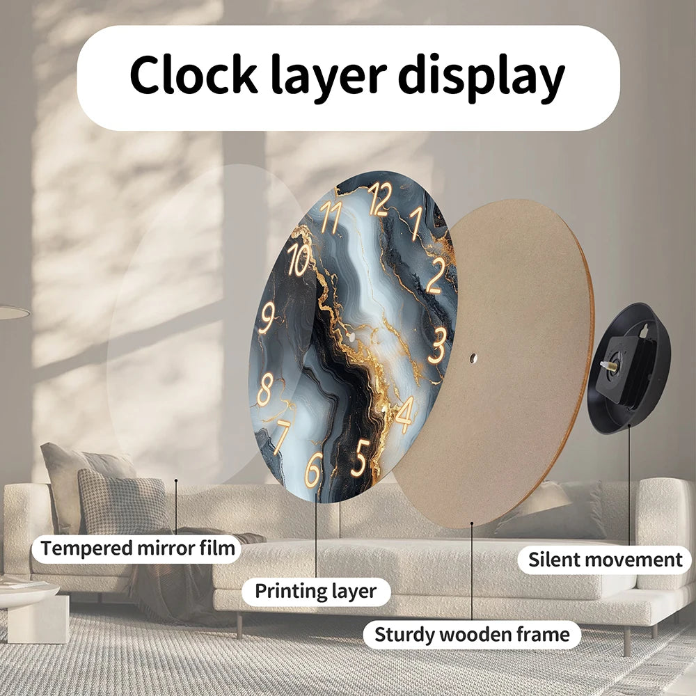 Blue Gold Marble Wooden Wall Clock
