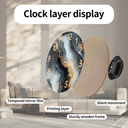 Blue Gold Marble Wooden Wall Clock