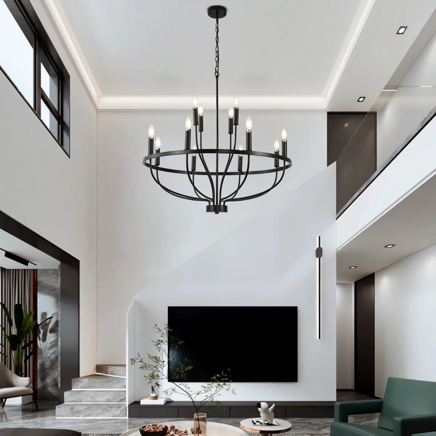 12-Light Black Farmhouse Chandelier – Industrial Round Pendant Light