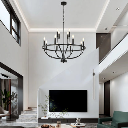 12-Light Black Farmhouse Chandelier – Industrial Round Pendant Light