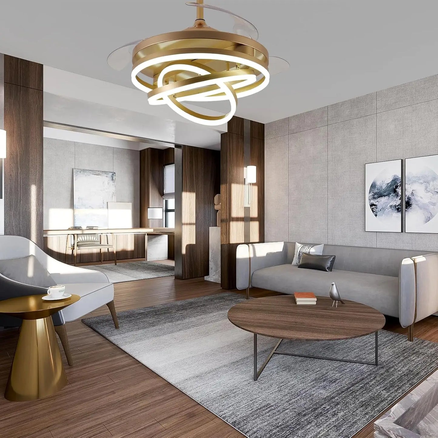 Ceiling Fan And Chandelier with Cascading Crystal String Silent