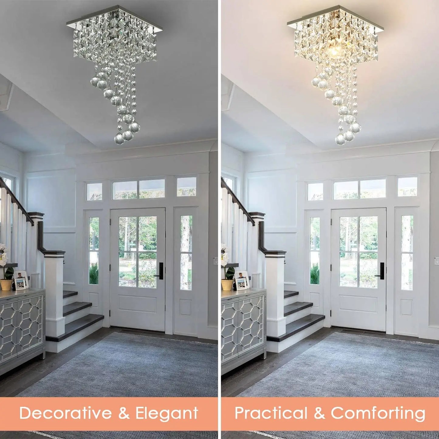Mini K9 Crystal Flush Mount Chandelier – 7.9" Square Ceiling Light, E26 Base, UL Listed