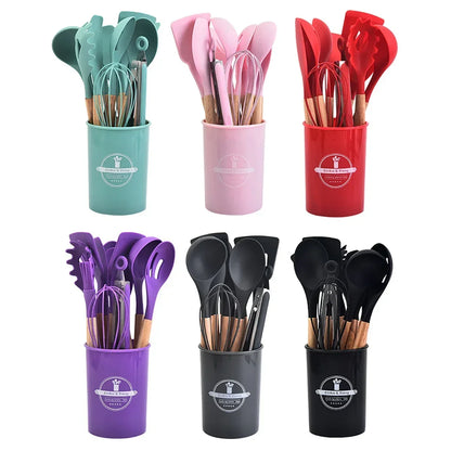 Silicone Kitchen Utensils Set Wooden Handle