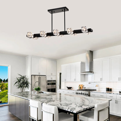 8-Light Black Farmhouse Rectangle Chandelier – Linear Crystal Pendant Light for Dining Room