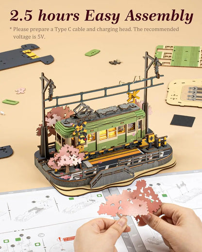 Robotime Sakura Journey Tram 3D Wooden Puzzle Model Kit with LED Lights, 223 Pieces