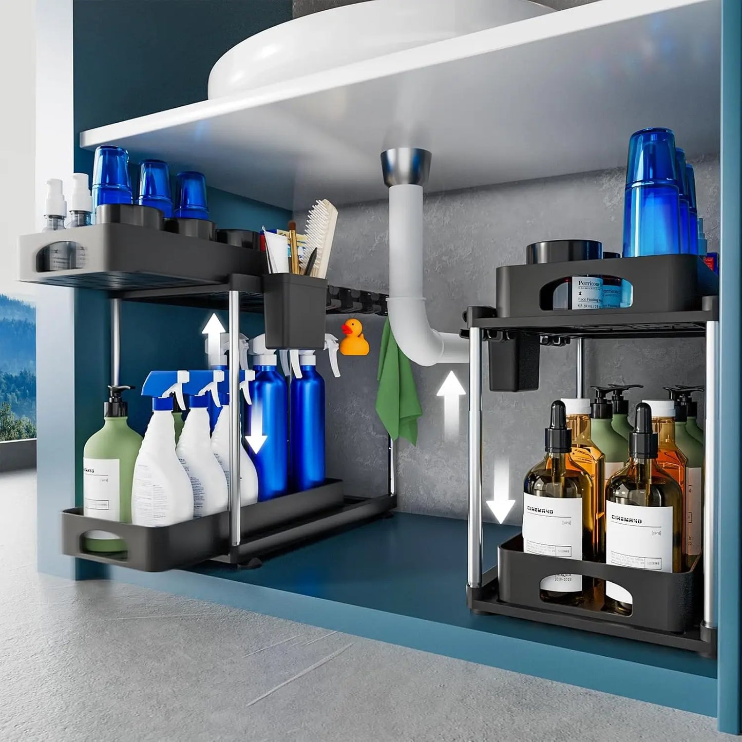 2 Pack Under Sink Organizers and Storage, Double Sliding Kitchen Cabinet Organizer, Adjustable Countertop Organizer